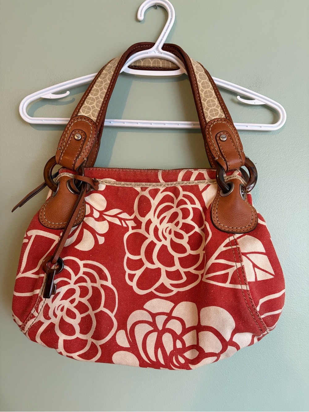 Vtg RARE Y2K Fossil Red Floral Canvas Hobo Shoulder Bag Purse w/Key Boho Chic